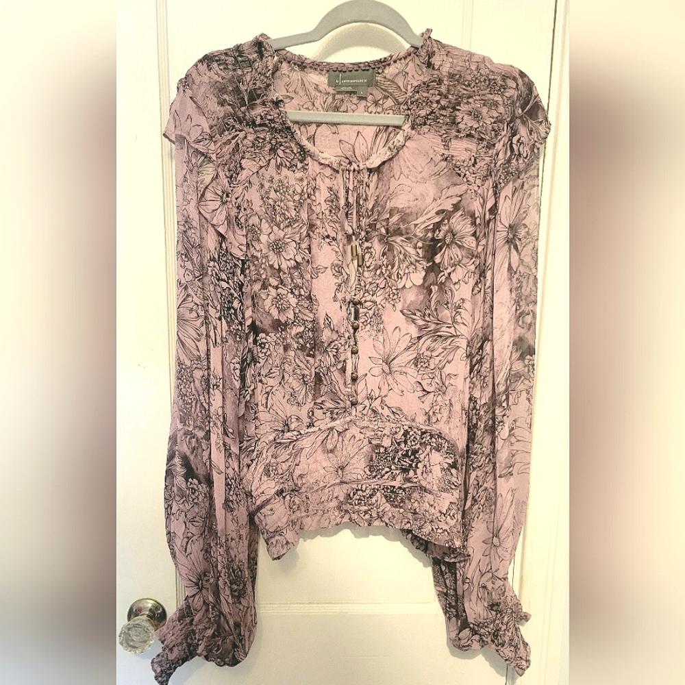 By Anthropologie| Sheer Print Banded Top | Size L | Color: Purple / Black